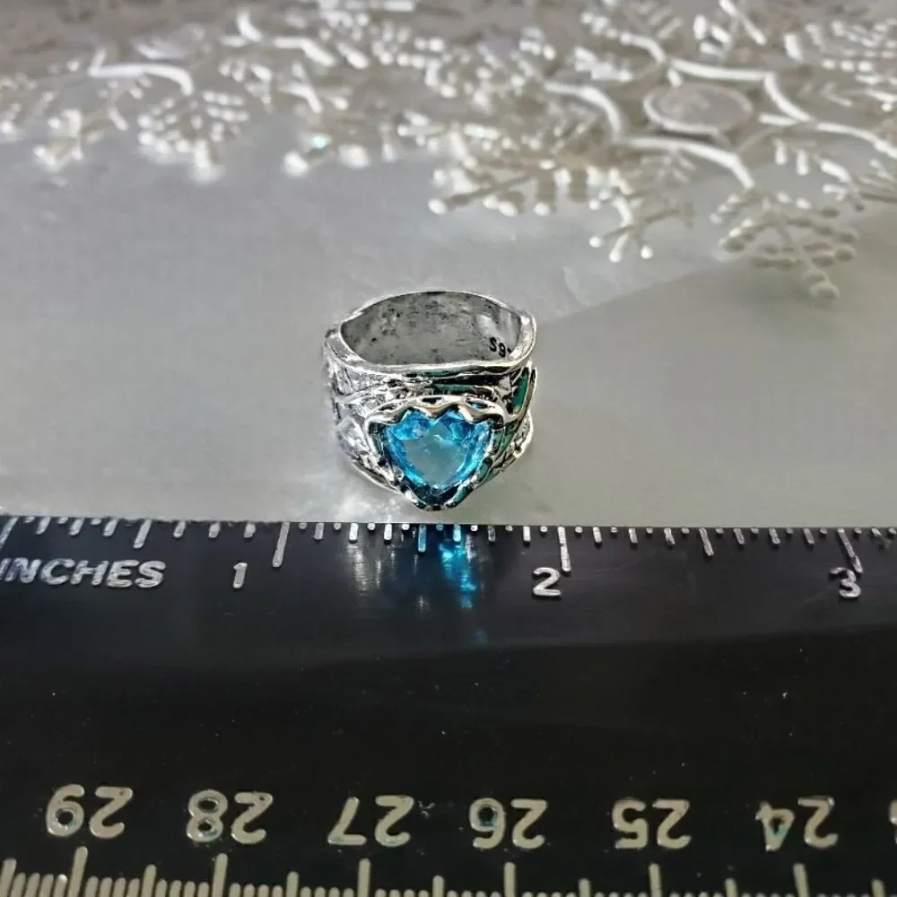 Heart Shaped Blue Topaz Ring on 925 Silver Antique Band